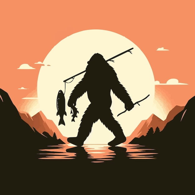 Bigfoot Sasquatch Fishing Sunset Retro Fisherman Angler