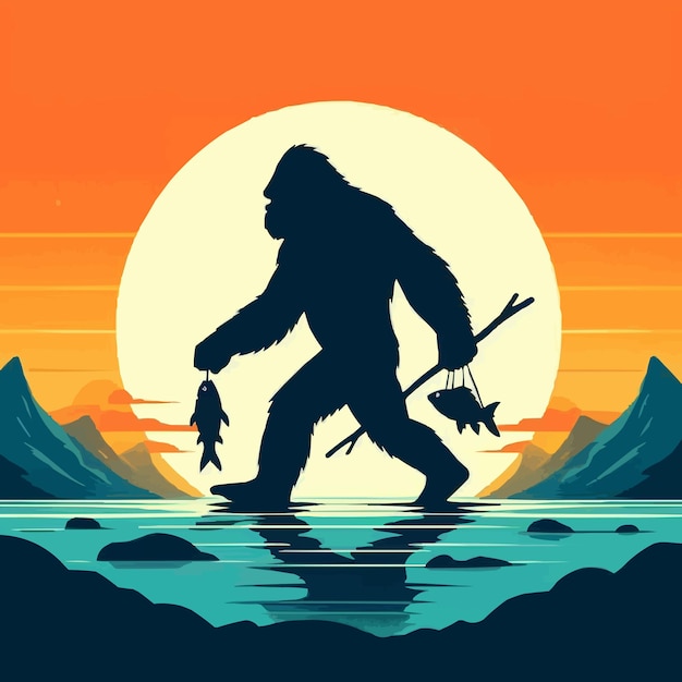 Bigfoot Sasquatch Fishing Sunset Retro Fisherman Angler