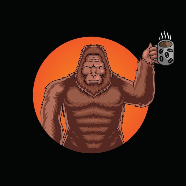 Bigfoot with a cup of coffee premium vector