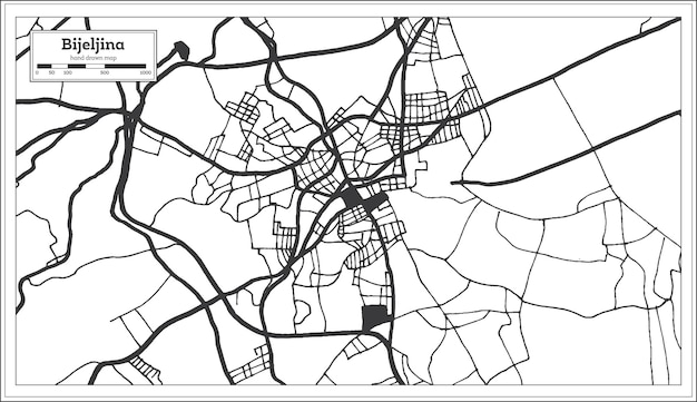 Bijeljina Bosnia and Herzegovina City Map in Black and White Color in Retro Style Isolated on White