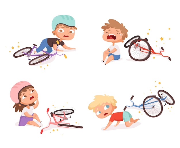 Bike accident. Kids fallen damaged bicycle broken transport children accidents helping person  characters.