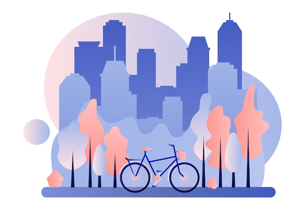 Vector bike rental. background the city with skyscrapers. flat cartoon style. vector illustration