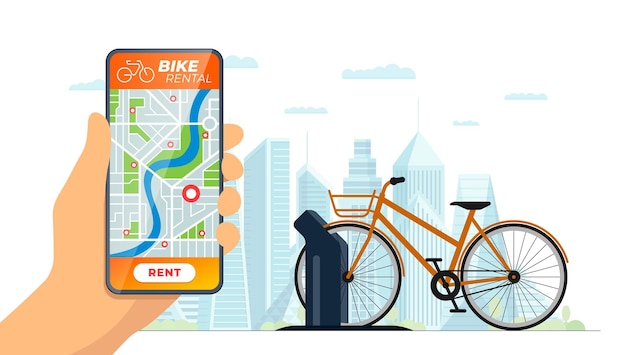 Bike rental mobile app banner hand hold smartphone with online application with bicycle rent station