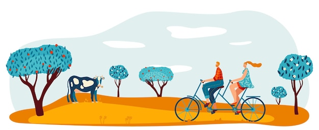 Bike ride at garden park vector illustration man woman couple character at tandem bicycle walk healthy lifestyle at outdoor field