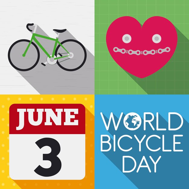 Bike next to smiling heart with chains and calendar for World Bicycle Day