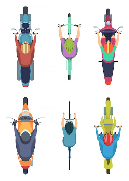 Vector bike top view. cycling people motorcycles traffic motor bike on road  cartoon collection