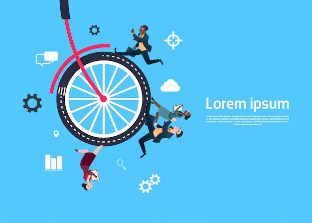 Vector bike wheel with business people running background template