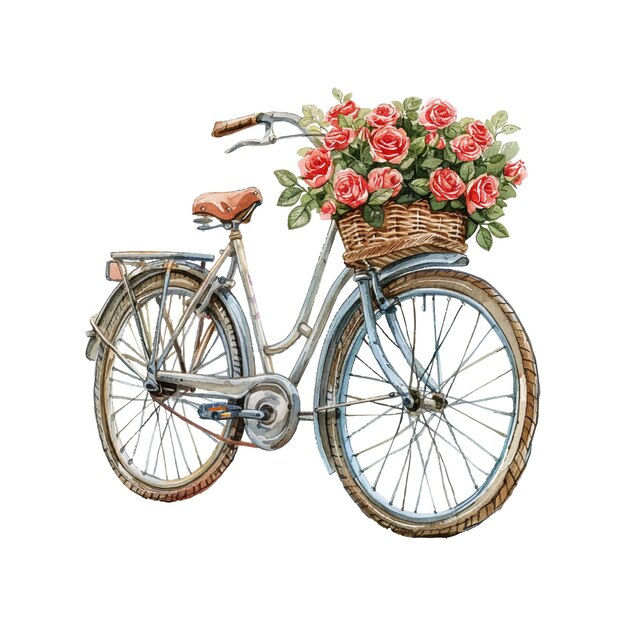 Vector bike with basket full roses vector illustration in watercolor style