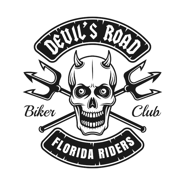 Biker club logo with devil skull and two crossed tridents