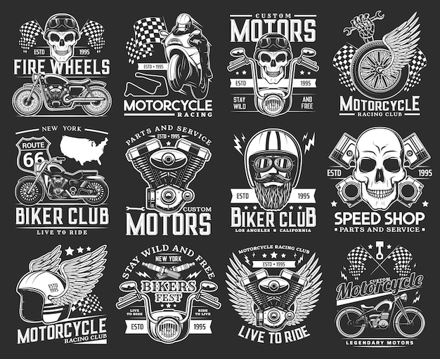 Biker club skull emblems, motorcycle races and speedway sport rides