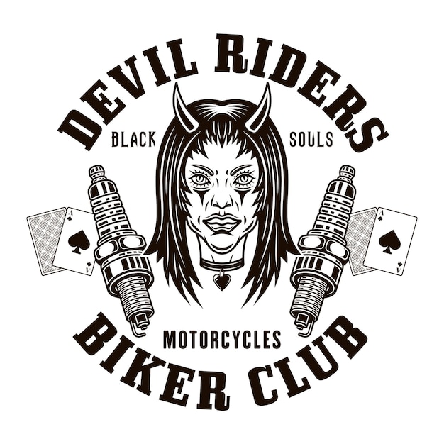 Vector biker club vector emblem logo badge label sticker or print with devil girl head and spark plugs illustration in monochrome style isolated on white background