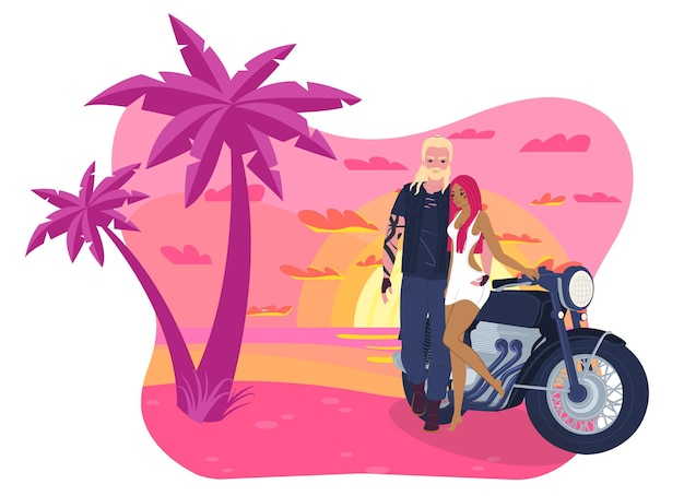 Biker on ocean beach romantic couple lifestyle summer vacation people enjoy freedom vector illustration