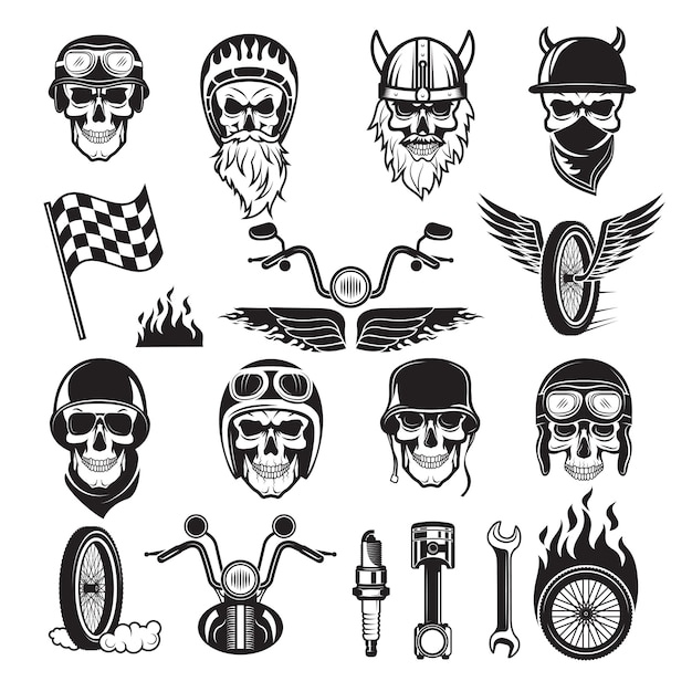 Biker set. Skull bike flags wheel fire bones engine motorcycle vector icons