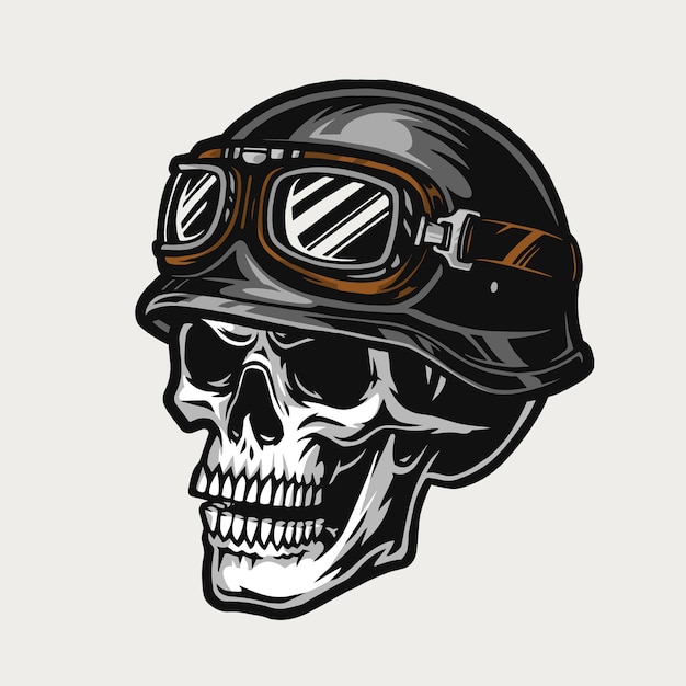 Biker skull wearing motorcycle helmet and goggles in vintage style isolated illustration