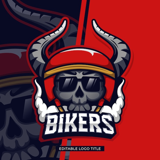 Bikers skull in horns helmet retro logo design with editable text