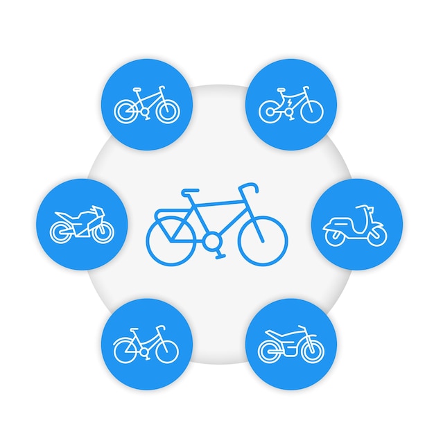 Bikes line icons set, cycling, bicycles, motorcycle, motorbike