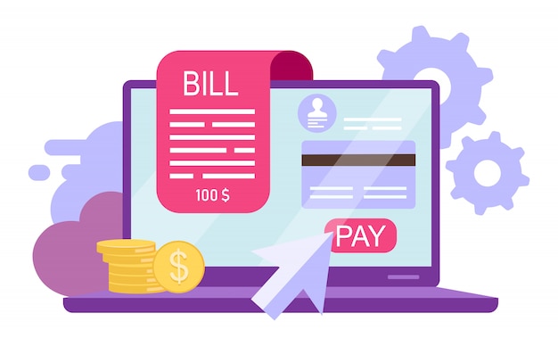 Bill pay flat illustration. Online payment, instant credit card transactions isolated cartoon concept on white background. Online receipt, invoice. Banking service. Epayment, ewallet account