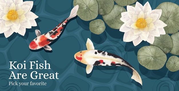 Billboard template with koi fish concept,watercolor style.