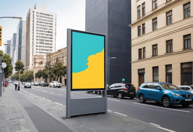 a billboard with the yellow and blue colors of the flag