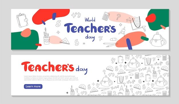 Billboard World Teachers day banner set School doodle illustration and colored abstract spots School background for your design Teacher Lettering composition Vector illustration