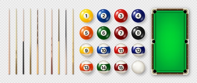 Vector billiard balls with numbers various cues and green pool table glossy snooker ball sports equipment