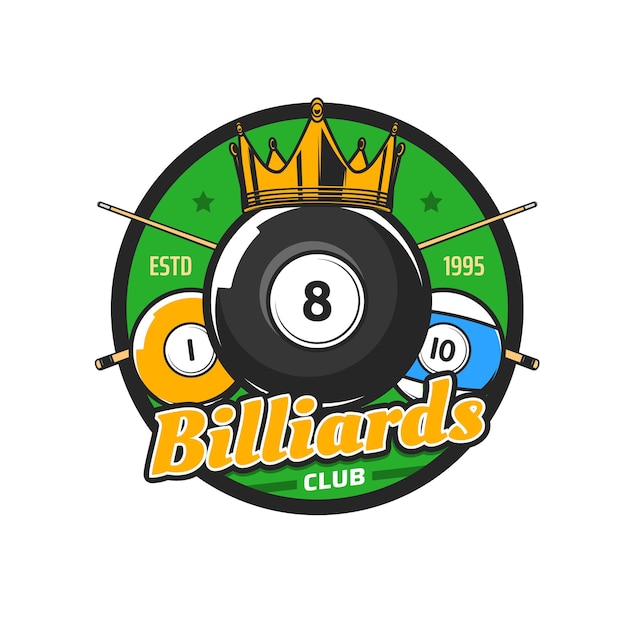 Billiards and pool club icon with black eight-ball, crossed cue sticks and golden crown. Pool billiard competition or championship, cue sports tournament vector emblem, retro badge or sticker