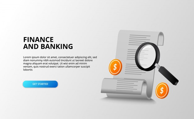 Bills for finance banking accounting concept with magnifying glass search tracking with 3d golden coin dollar.