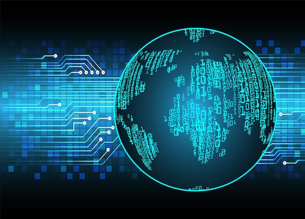 binary circuit board future technology, blue cyber security concept background. world map  