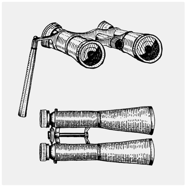 Binocular monocular vintage, engraved hand drawn in sketch or wood cut style, old looking retro scinetific instrument for exploring and discovering.