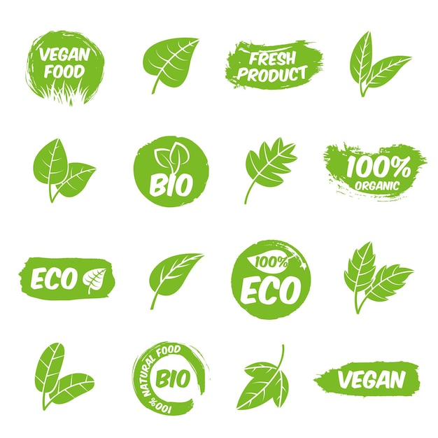 Bio labels set Healthy badges fruit organic green nature emblem Vegan symbols agriculture market product stickers and green leaves recent vector kit