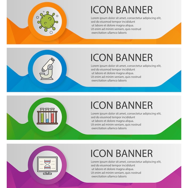 Bio laboratory banner templates set. Easy to edit. Virus cell, lab test tubes, microscope, dna research website menu items. Color polygonal web banner concepts. Vector backgrounds