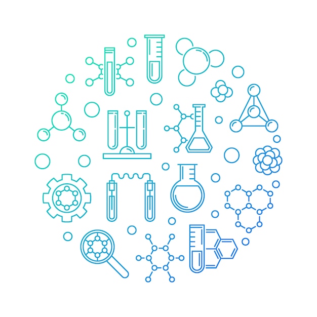 Biochemistry  blue concept round outline illustration