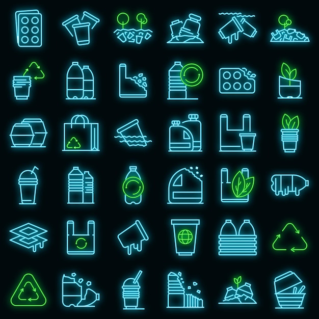 Biodegradable plastic icons set. Outline set of biodegradable plastic vector icons neon color on black