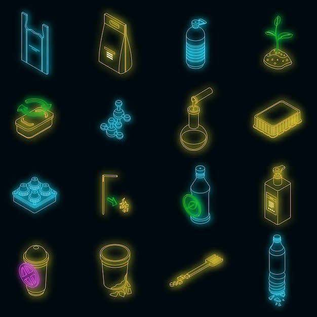 Biodegradable plastic icons set vector neon