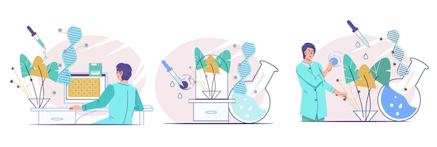 Bioengineering and Genetic DNA science laboratory set flat vector illustration isolated