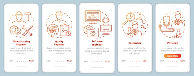 Bioengineering jobs onboarding mobile app page screen vector template Walkthrough website steps with linear illustrations Researcher and physician UX UI GUI smartphone interface concept