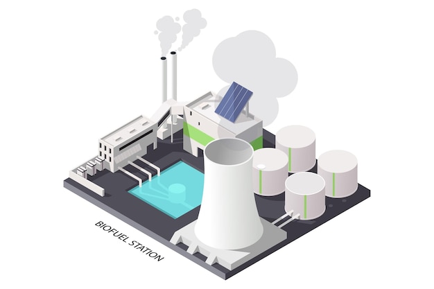 Biofuel power station Industrial energy building in 3d isometric design Power plant and alternative green electric generation station Reactor power Vector illustration