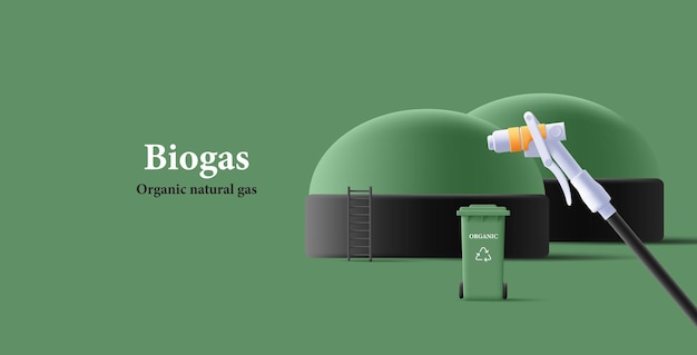 Vector biogas energy power plant green energy alternative power 3d render composition with hose for transport refueling green