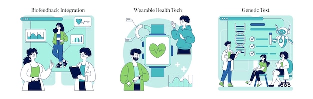 Vector biohacking set integration of biofeedback wearable health technologies and genetic testing personal