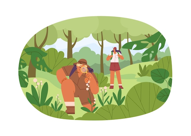 Biologist explore plants in forest. People travel in summer with magnifying glass, looking and studying nature outdoor. Landscape with explorers. Flat vector illustration isolated on white background