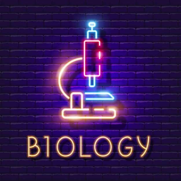 Biology glowing banner Microscope vector neon sign