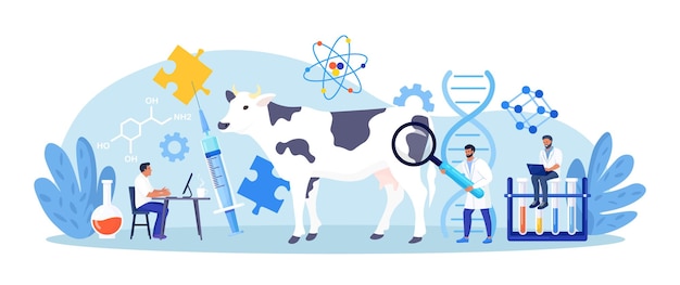 Vector biology scientists doing research cow dna genetically modified animals gene technology bioengineering people doing experiments in lab with animal veterinary worker making test and analysis