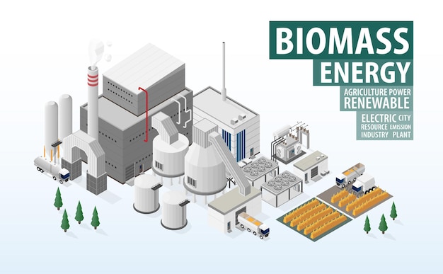 Vector biomass energy biomass power plant in isometric graphic