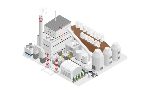 Vector biomass energy biomass power plant in isometric graphic