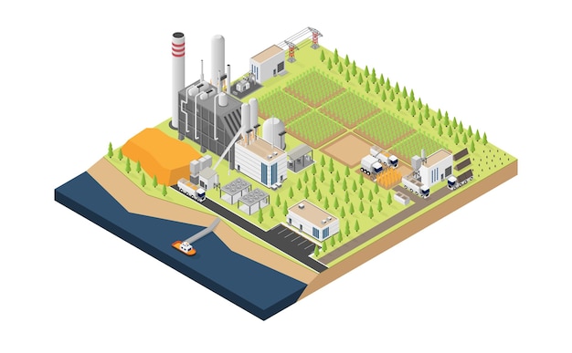 Vector biomass energy, biomass power plant in isometric graphic