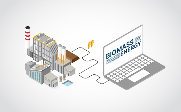 Biomass energy, biomass power plant with isometric graphic