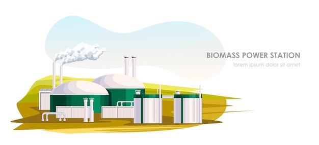 Biomass power station at field Alternative energy resource environment ecology Industrial technology factory Natural renewable and clean electric source Vector illustration