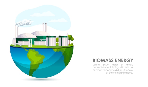 Vector biomass power station on half of globe alternative energy resource environment ecology industrial technology factory natural renewable and clean electric source vector illustration