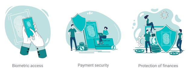 Vector biometric access secure payments and financial protection a set of vector illustrations