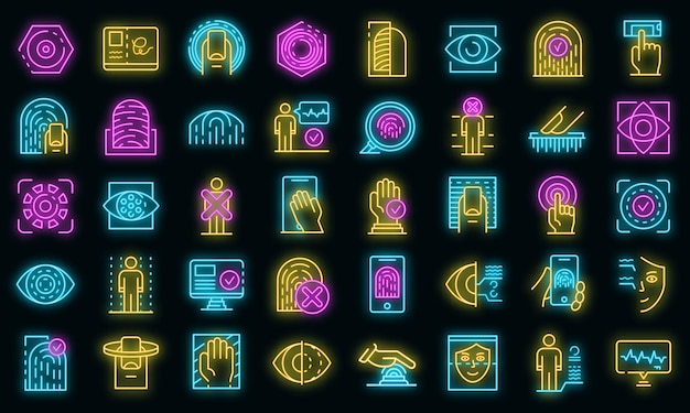 Biometric authentication icons set. Outline set of biometric authentication vector icons neoncolor on black